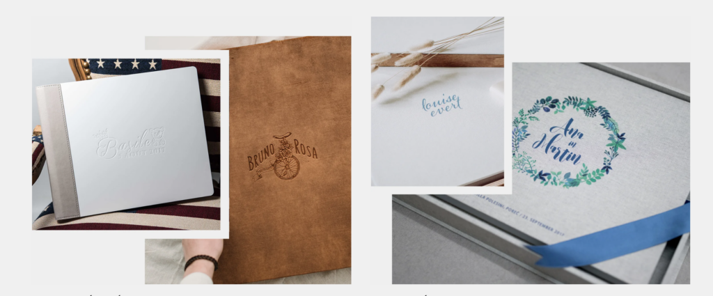 Álbum fotográfico de cuero marrón con grabado personalizado y caja